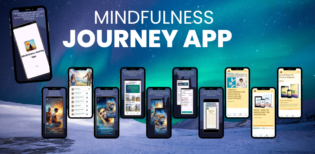 Auf diesen Bild sehen sie einige Bildschirme der Mindfulness Journey App auf der wir die funktionen beschreiben